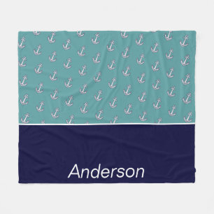 Custom Nautical Anchor Bathroom Teal Navy Blue  Fleece Blanket