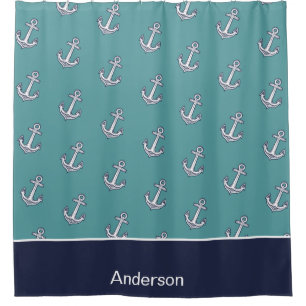Custom Nautical Anchor Bathroom Teal Navy Blue Shower Curtain