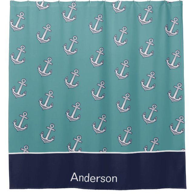 Custom Nautical Anchor Bathroom Teal Navy Blue  Shower Curtain (Front)