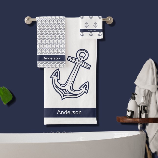 Custom Nautical Anchor  Bathroom White Navy Blue Bath Towel Set (Creator Uploaded)