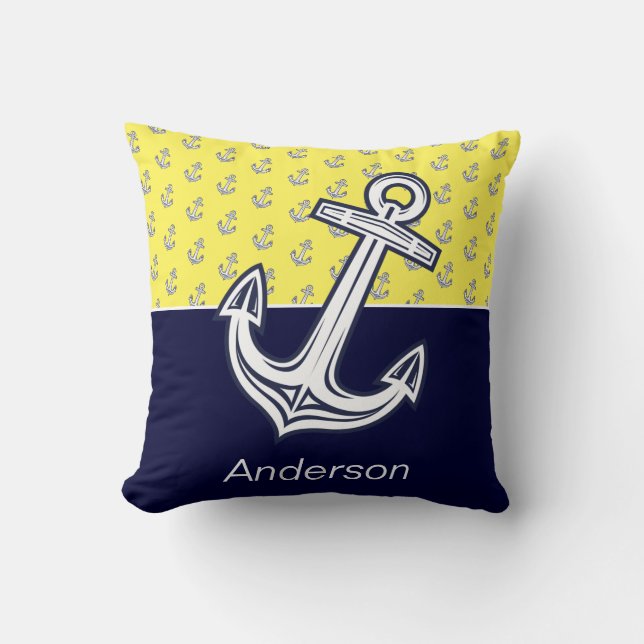 Custom Nautical Anchor Bathroom Yellow Navy Blue Cushion (Front)
