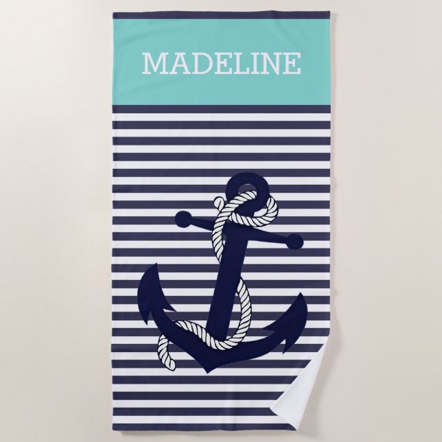 Custom Nautical Anchor Blue Aqua Turquoise Stripes Beach Towel (Front)
