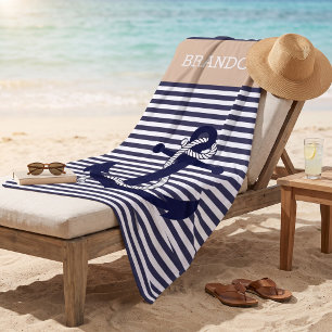 Custom Nautical Anchor Blue Taupe Beige Stripes Beach Towel