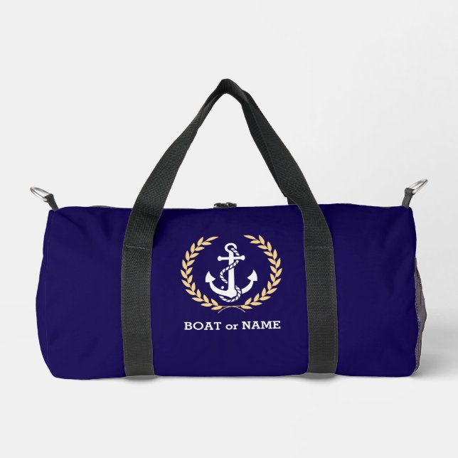 Custom Nautical Anchor Boat Name Navy Blue Duffle Bag (Front)
