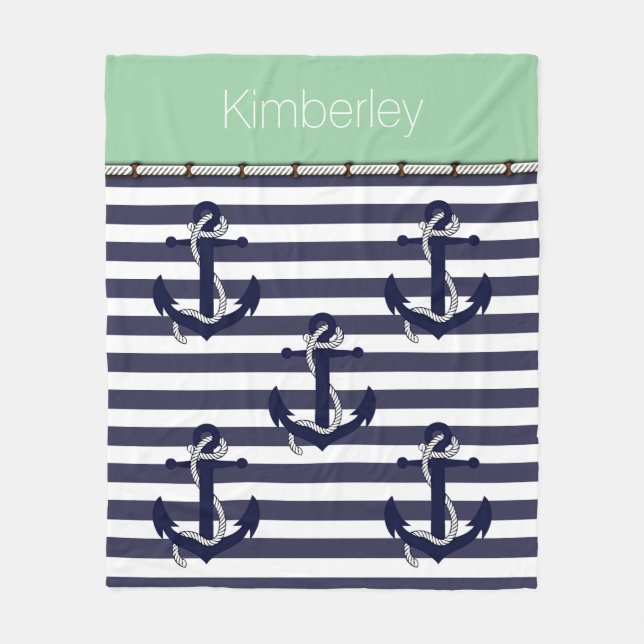 Custom Nautical Anchor Chic Stripes Pattern Fleece Blanket (Front)