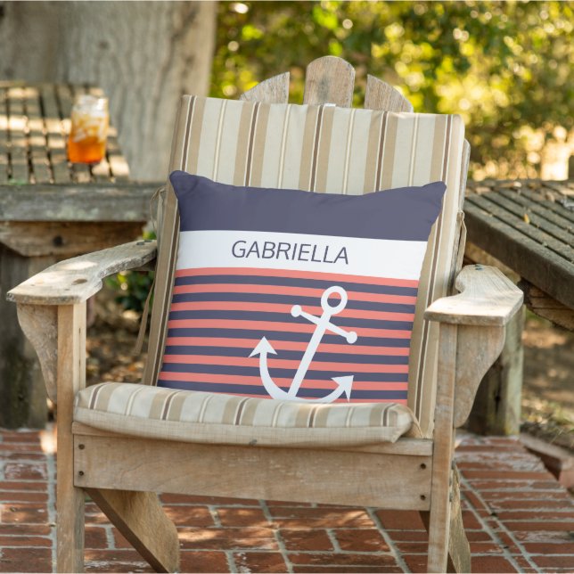 Custom Nautical Anchor Coral Orange Stripe Pattern Cushion (Chair)