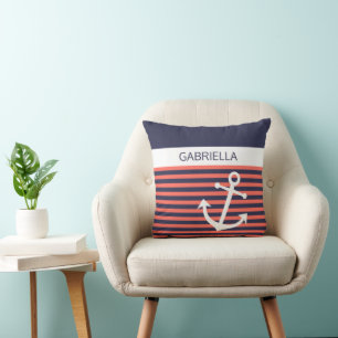 Custom Nautical Anchor Coral Orange Stripe Pattern Cushion