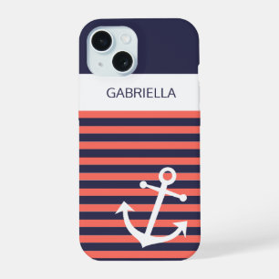 Custom Nautical Anchor Coral Red Stripe Pattern iPhone 15 Case