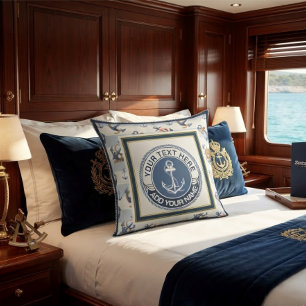 Custom Nautical Anchor Emblem Navy Blue & Gold Cushion