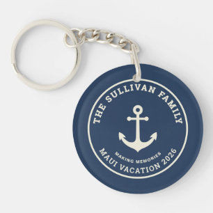 Custom Nautical Anchor Family Vacation Retro Badge Key Ring