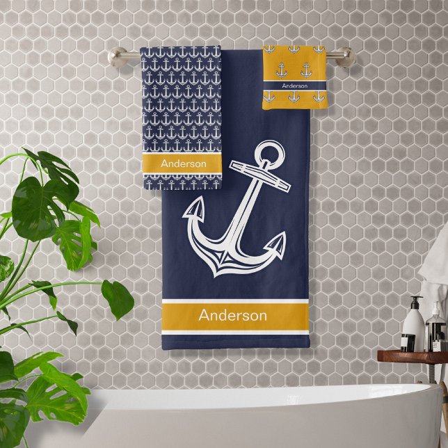 Custom Nautical Anchor  Golden Yellow Navy Blue  Bath Towel Set (Creator Uploaded)