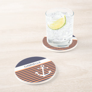 Custom Nautical Anchor Light Orange Stripe Pattern Coaster