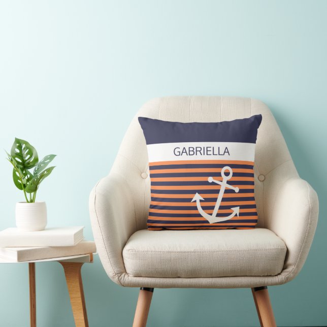 Custom Nautical Anchor Light Orange Stripe Pattern Cushion (Chair)