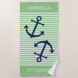 Custom Nautical Anchor Lime Green White Stripes Beach Towel