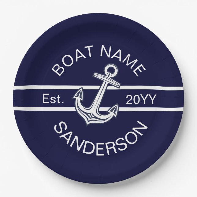 Custom Nautical Anchor Navy Blue Paper Plate (Front)