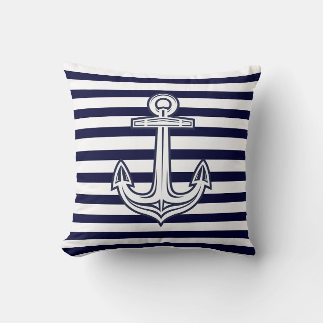 Custom Nautical Anchor Navy Blue stripes Cushion (Front)
