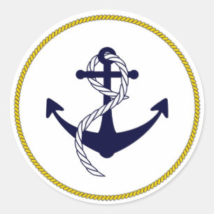 Custom Nautical Anchor Navy Blue White Gold Classic Round Sticker