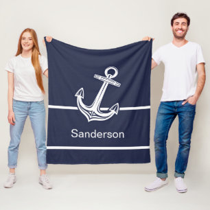 Custom Nautical Anchor  Ocean Navy Blue  Fleece Blanket