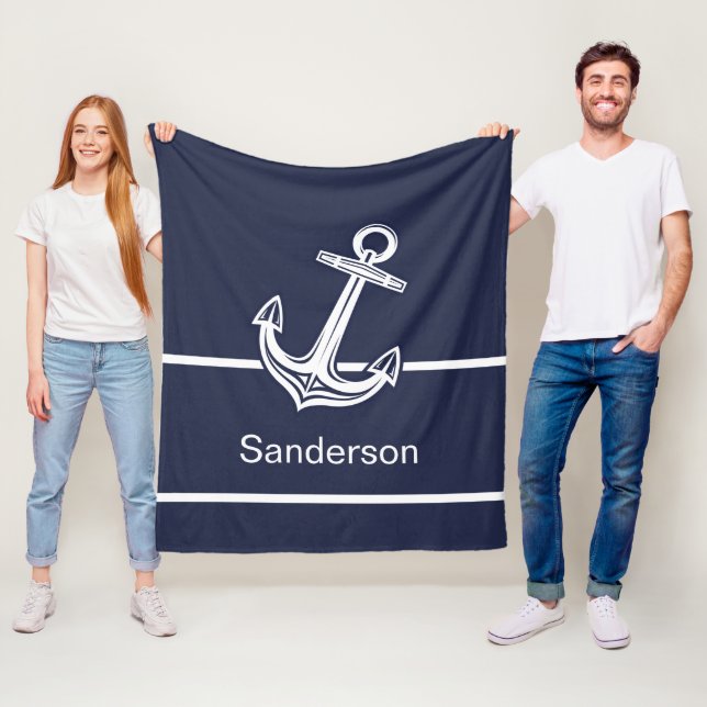 Custom Nautical Anchor  Ocean Navy Blue  Fleece Blanket (In Situ)