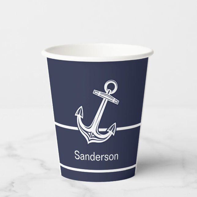 Custom Nautical Anchor  Ocean Navy Blue Paper Cups (Front)