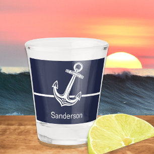 Custom Nautical Anchor  Ocean Navy Blue Shot Glass