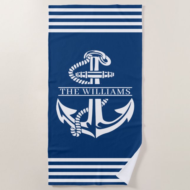 Custom Nautical Anchor On Blue And White Stripes Beach Towel (Front)