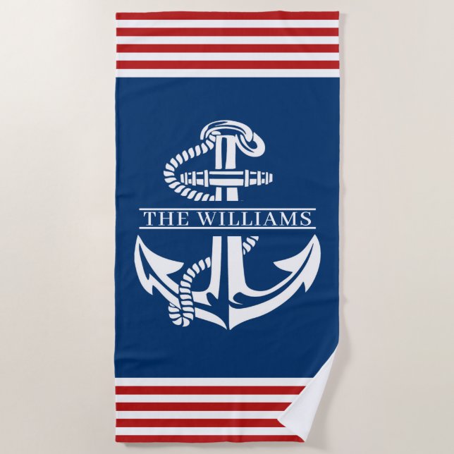 Custom Nautical Anchor On Red And White Stripes Beach Towel (Front)