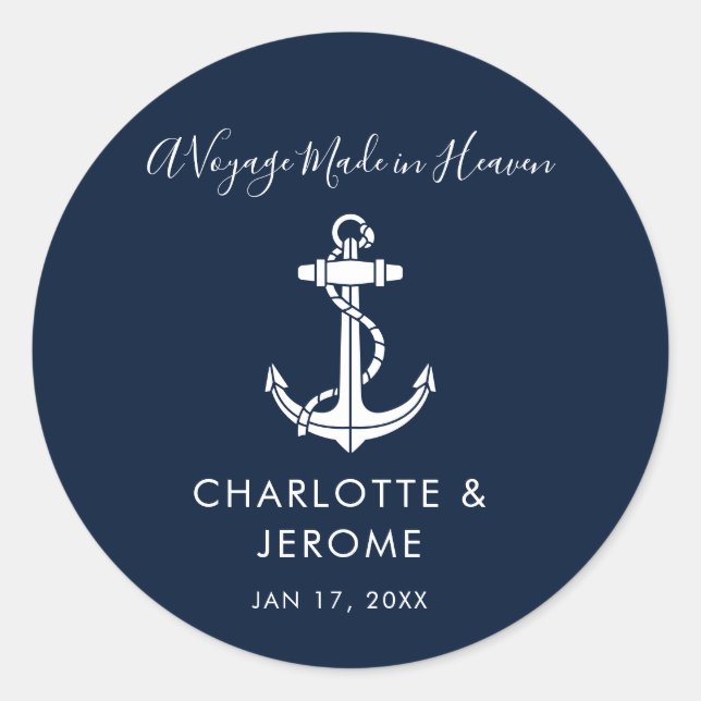 Custom Nautical Anchor Script Wedding Classic Round Sticker (Front)