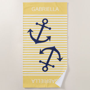 Custom Nautical Anchor Sunny Yellow White Stripes Beach Towel