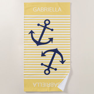 Custom Nautical Anchor Sunny Yellow White Stripes Beach Towel