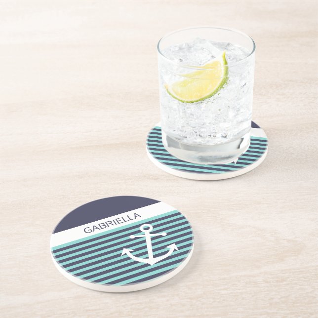 Custom Nautical Aqua Turquoise Blue Stripe Pattern Coaster (Side)