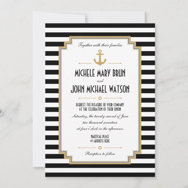 Custom Nautical Black White Wedding Invitation (Front)