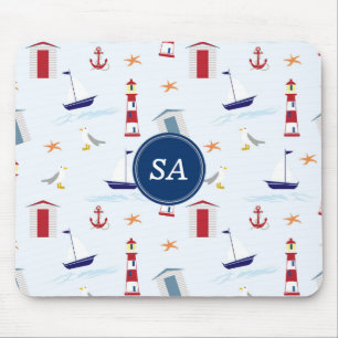 Custom Nautical Blue Red White Summer Mouse Mat
