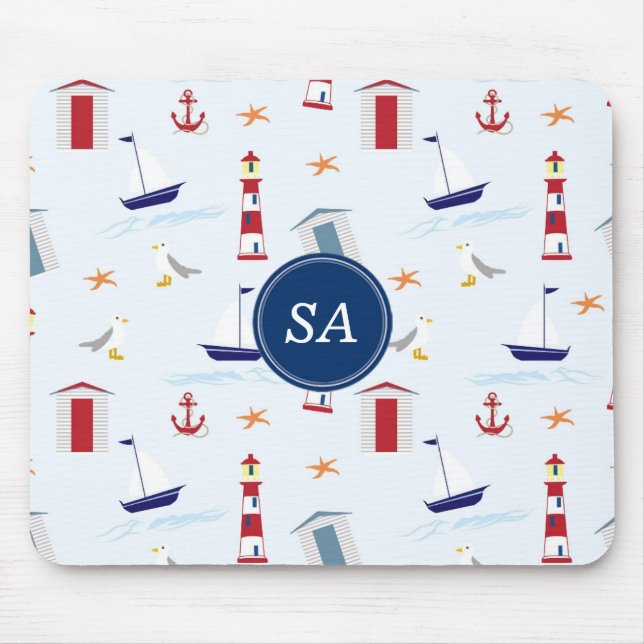Custom Nautical Blue Red White Summer Mouse Mat (Front)