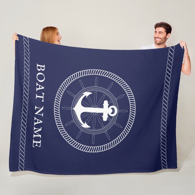 Custom Nautical blue white Anchor Fleece Blanket (In Situ)