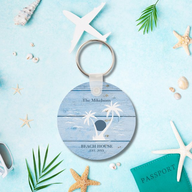 Custom Nautical Blue Wood Beach House Key Ring (Creator Uploaded)