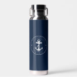 Custom Nautical Boat Anchor and Name Water Bottle<br><div class="desc">Add your boat name and dock by clicking the "Personalize" button. Set sail in style with our custom nautical-themed boating swag. The Water Bottle boasts a cute design inspired by the ocean's wonders, featuring classic maritime motifs such as an anchor and rope. Whether you're cruising along the coast or embarking...</div>