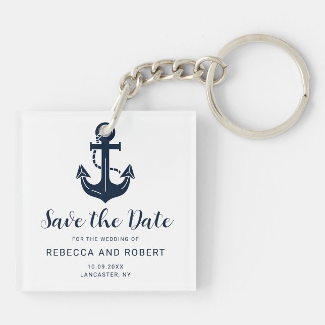 Custom Nautical Boat Name Anchor Save the Date Key Ring (Back)