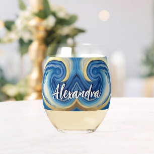Custom Nautical Boat Name Navy Blue White Marble  Stemless Wine Glass