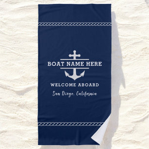 Custom Nautical Boat Name Welcome Aboard Anchor  Beach Towel