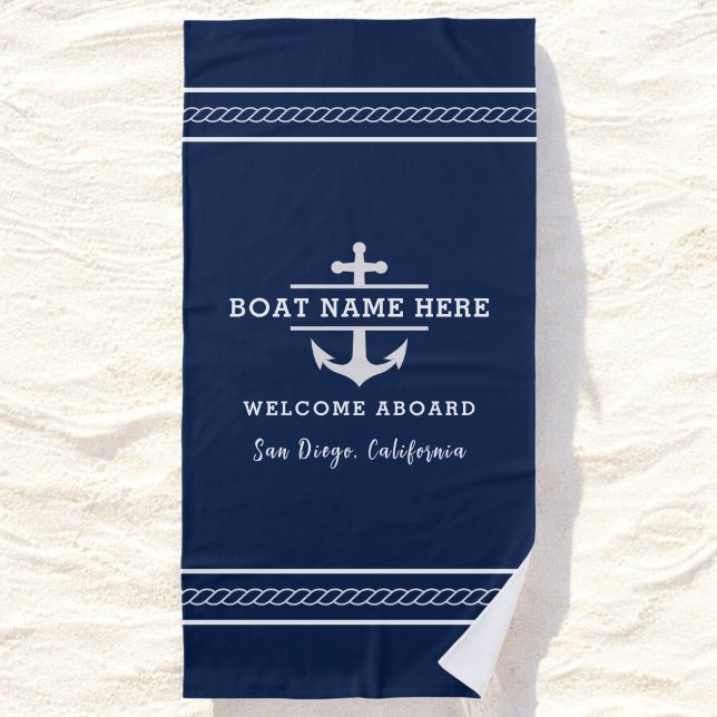 Custom Nautical Boat Name Welcome Aboard Anchor  Beach Towel (Creator Uploaded)
