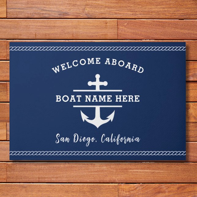 Custom Nautical Boat Name Welcome Aboard Anchor  Doormat (Creator Uploaded)