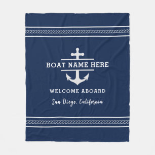 Custom Nautical Boat Name Welcome Aboard Anchor  Fleece Blanket