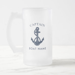 Custom Nautical Captain Navy Blue Boat Anchor Frosted Glass Beer Mug