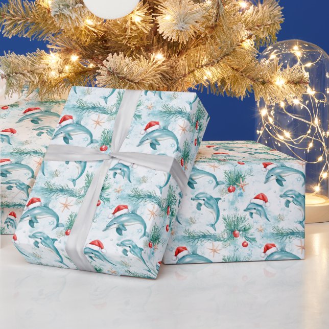 Custom Nautical Christmas Santa Dolphin Pattern Wrapping Paper (Holidays)