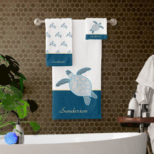 Custom Nautical Coastal Sea Turtle Blue and Grey   Bath Towel Set