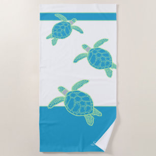 Custom Nautical Coastal Sea Turtle Blue and Grey Beach Towel