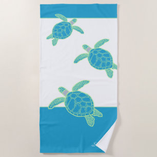 Custom Nautical Coastal Sea Turtle Blue and Grey Beach Towel
