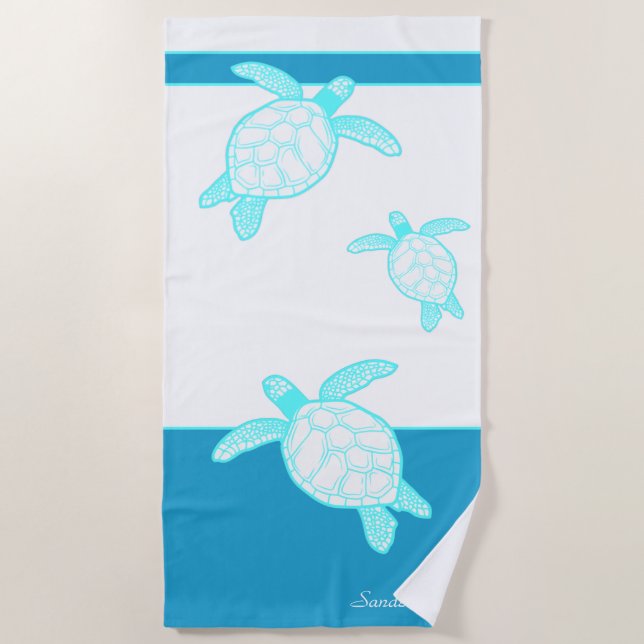 Custom Nautical Coastal Sea Turtle Blue Teal White Beach Towel (Front)
