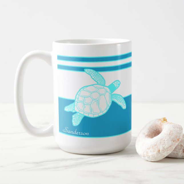 Custom Nautical Coastal Sea Turtle Blue Teal White Coffee Mug (With Donut)
